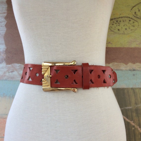 70s Cut Out Leather Belt Small • Vintage Burnt Or… - image 3