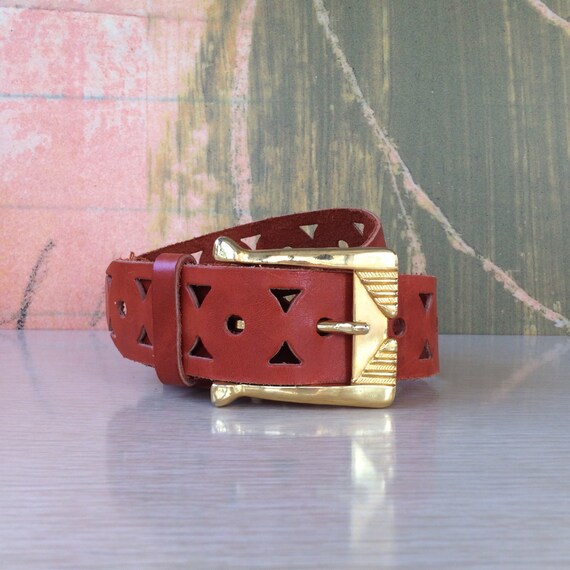 70s Cut Out Leather Belt Small • Vintage Burnt Or… - image 2