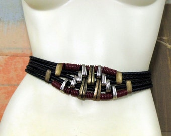 Etched Metal Rope Belt S • Vintage Statement Belt • 80s Metal Belt  • Beaded Belt • Black Braided Belt • Bronze Belt • African Style Belt