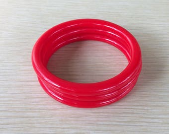 Vintage Red Plastic Bracelet Set • 80s bracelets • Red Bangles • Retro Jewelry