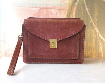 80s Brown Leather Purse • Vintage Bag • Purse with Wrist Strap • Spanish Designer Bag • Pielnoble Purse • Distressed Leather Envelope Purse