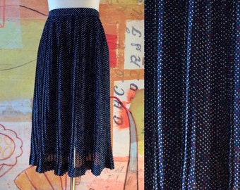Vintage Navy Polka Dot Skirt • Multi-colored Polka Dots • Semi-Sheer Pleated Knee-Length • Modern Size Small