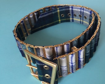 Scottish Tartan Belt XS • Vintage Blue Plaid Belt • Gold Belt • Outlander Theme Belt • Vintage Airport Memorabilia • Small Wool Belt