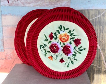 Mid-century Red Embroidered Round Pillow Set (2)