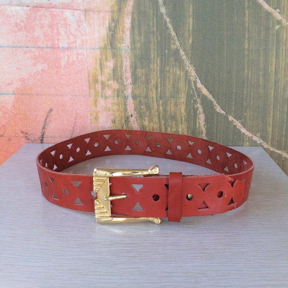 70s Cut Out Leather Belt Small • Vintage Burnt Or… - image 1