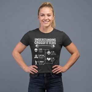 Könnte beinhalten: Dunkelgraues T-Shirt mit dem Text "UNDERSTANDING CROSSFITTERS" und Grafiken, die CrossFit-Begriffe erklären. Das Shirt zeigt einen Totenkopf, eine Gasmaske, eine Person, ein weinendes Gesicht und ein gebrochenes Herz. Das Shirt wird von einer lächelnden Person getragen.
