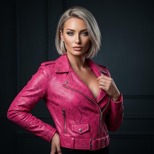 Hot Pink Snakeskin Python Embossed Biker Jacket Women | Cropped Moto