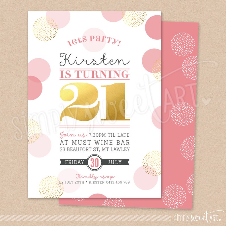 DIGITAL 21st Birthday Party Invitation twenty-first stylish elegant PRINTABLE INVITE coral champagne purple large confetti spots gold 21