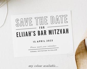 DIGITAL Bar Mitzvah save the date - edited by a real designer  | modern minimal printable design- custom colors