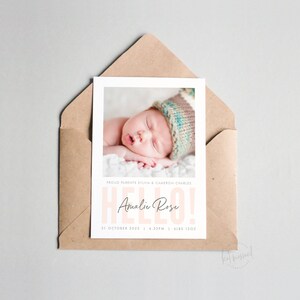 BA113 DIGITAL Birth Announcement design - jolie nouvelle carte photo de bébé fille - style minimal moderne | bonjour les statistiques de superposition de titre FICHIER IMPRIMABLE
