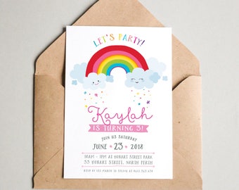 BY356 DIGITAL Kids Birthday Party Invitation | let&#39;s party - cute rainbow and clouds | printable invite girl boy 1st 2nd 3rd 4th any age