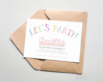 BY400 DIGITAL Kids Birthday Party Invitation | let's party - cute pastel rainbow colours | printable invite girl 1st 2nd 3rd 4th any age