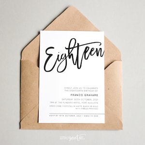 BY381 DIGITAL Birthday Party Invitation - modern script TRENDY TYPE invite - simple brush lettered custom printable 18th eighteen