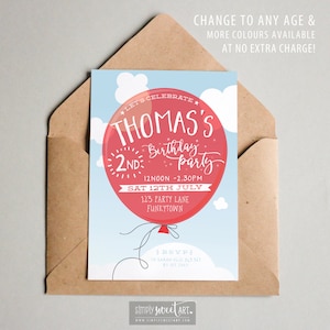May include: A red and white birthday party invitation with a cartoon hot air balloon. The balloon has the text "Thomas's 2nd Birthday Party" on it. The invitation is for a party on Saturday, July 12th from 12 noon to 2:30 pm. The address is 123 Party Lane, Funkytown. RSVP to Sarah by July 1st.