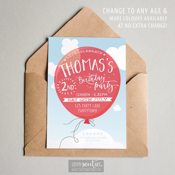 BY338 DIGITAL Birthday Party Invitation - COOL red BALLOON modern kid simple trendy type printable invite boy first 1st 2nd 3rd 4th 5th 6th