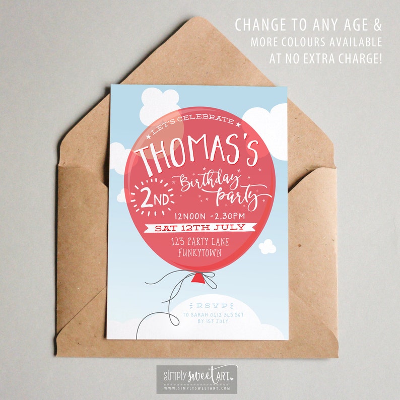 May include: A red and white birthday party invitation with a cartoon hot air balloon. The balloon has the text "Thomas's 2nd Birthday Party" on it. The invitation is for a party on Saturday, July 12th from 12 noon to 2:30 pm. The address is 123 Party Lane, Funkytown. RSVP to Sarah by July 1st.