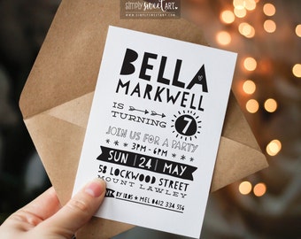BY327 DIGITAL Birthday Party Invitation - minimal boho WORD STACK - modern cool kids tween printable invite 1st 3rd 5th 7th 9th 11th 13th
