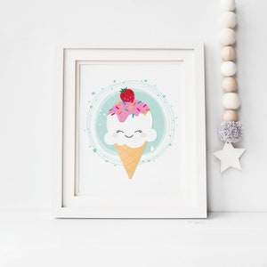 PRINT / ICE CREAM cone mint with sprinkles + strawberry - cute colourful illustrated nursery wall art - kids room - digital ink A5 A4 A3