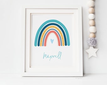 PRINT / BOHO RAINBOW bright custom name colourful - modern kid wall art - nursery baby boy room - eco digital ink sustainble card A5 A4 A3