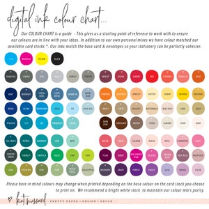 May include: A color chart with 72 different ink colors, organized in rows and columns. The colors are named with words like "teal", "rust", "ivory", and "plum". The chart is titled "digital ink color chart..." and includes the text "Our inks match the base card & envelopes so your stationery can be perfectly cohesive."