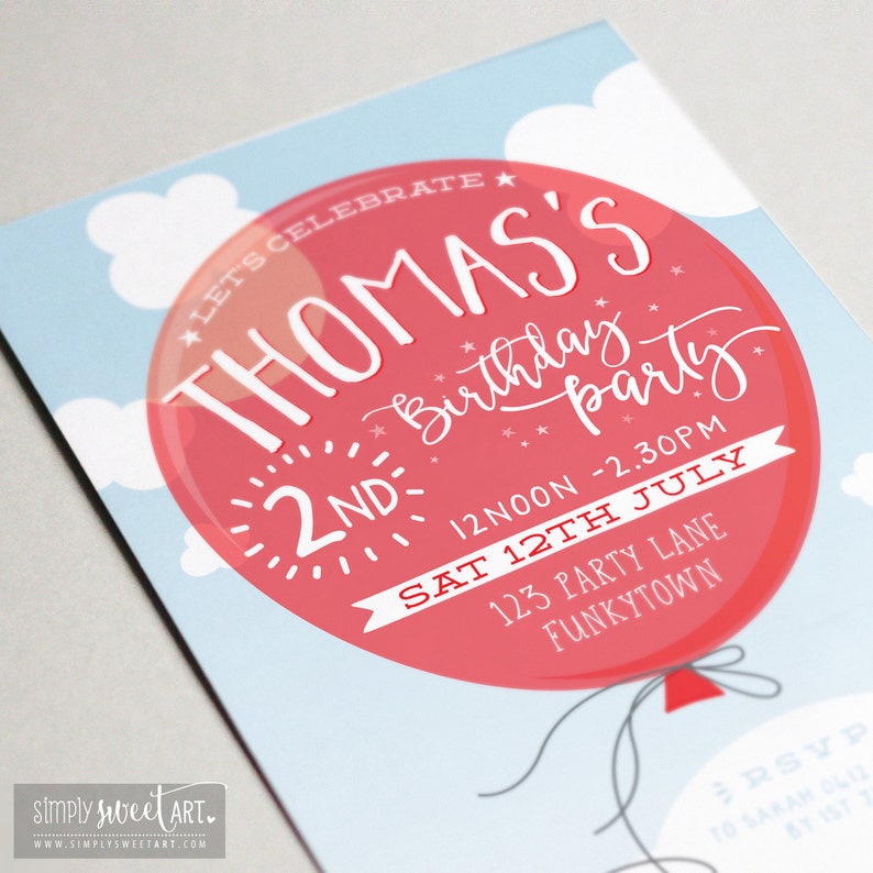 May include: A red balloon with white text that says "Let's Celebrate Thomas's 2nd Birthday Party" with the date and time of the party below. The balloon is floating in a blue sky with white clouds.