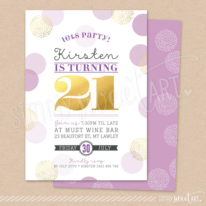 DIGITAL 21st Birthday Party Invitation twenty-first stylish elegant PRINTABLE INVITE coral champagne purple large confetti spots gold 21