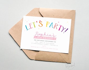 BY400 DIGITAL Kids Birthday Party Invitation | let's party - cute bright rainbow colours | printable invite girl 1st 2nd 3rd 4th any age