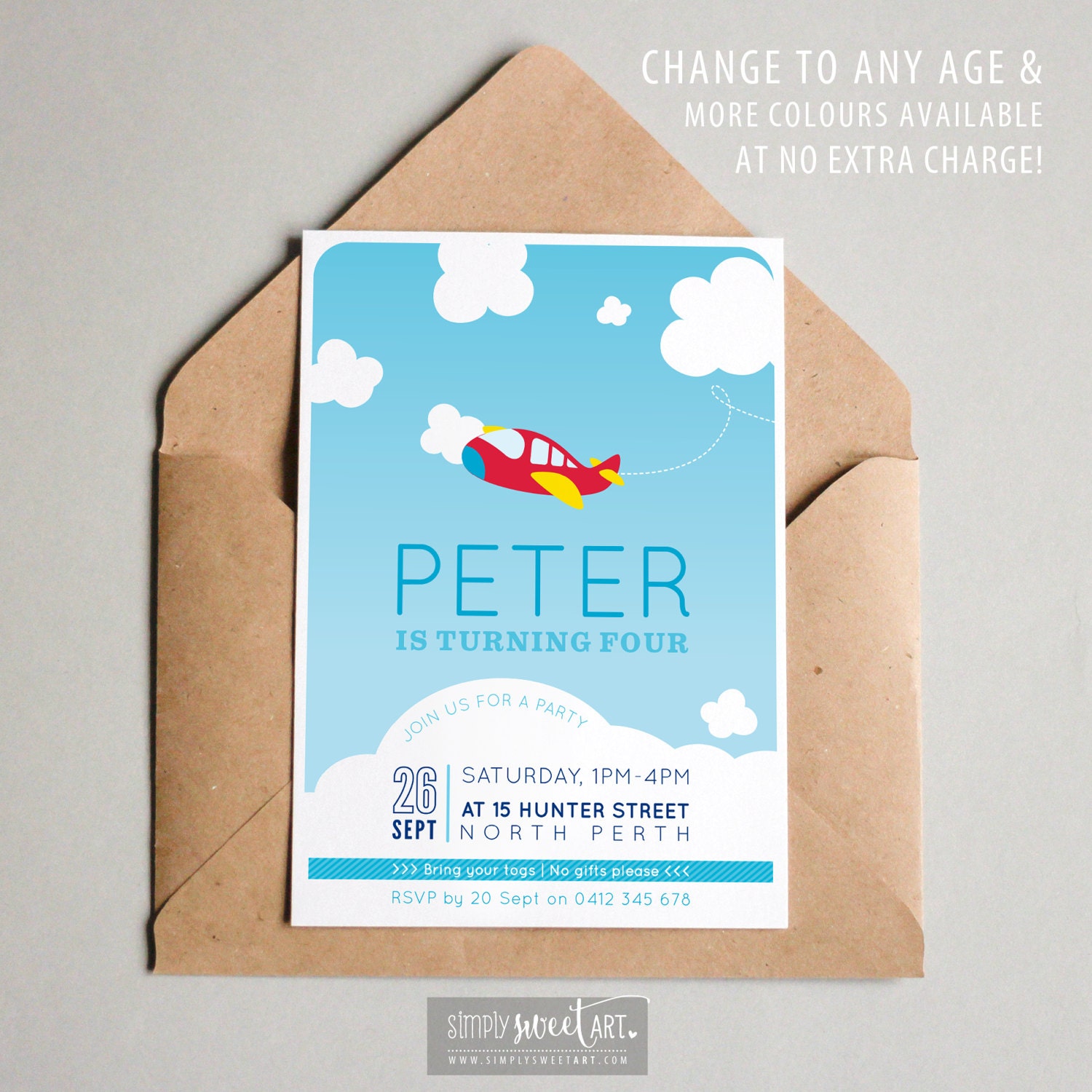 BY323 DIGITAL Birthday Party Invitation - RETRO AEROPLANE - modern kid cool up and away sky plane printable invite boy first 1st 2nd 3rd 4th
