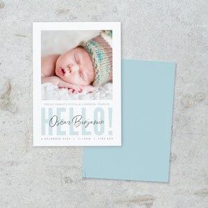 BA113 PRINTED Birth Announcement design - cute new baby boy photo card - modern minimal style | hello headline overlay stats inc. ENVELOPES