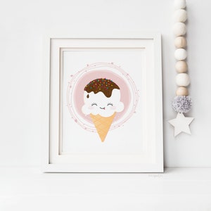 PRINT / ICE CREAM cone pink with sprinkles chocolate - cute colourful illustrated nursery wall art - sweet kids room - digital ink A5 A4 A3