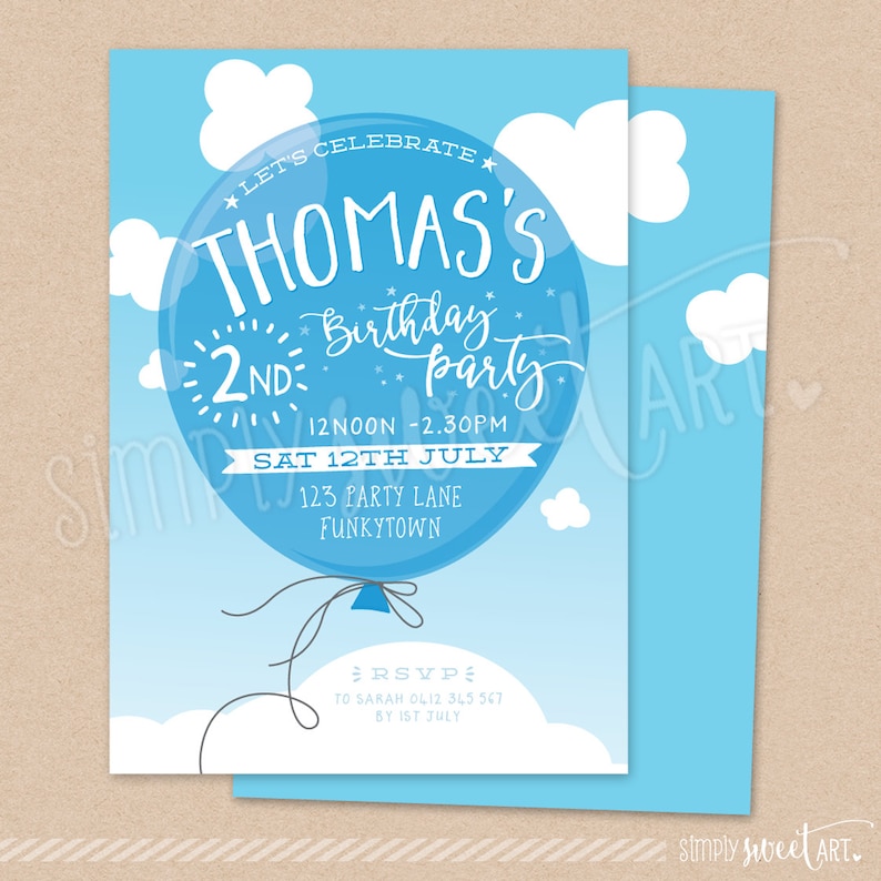 May include: Blue and white birthday party invitation with a blue balloon that says "Thomas's 2nd Birthday Party" and "Let's Celebrate". The balloon is floating in a blue sky with white clouds. The invitation includes the date and time of the party, the address, and an RSVP request.