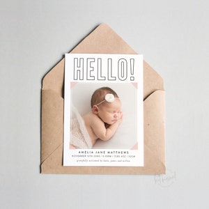 BA114 DIGITAL Birth Announcement design - nouvelle carte photo mignonne pour bébé fille - style minimal moderne | bonjour les statistiques du cadre de titre FICHIER IMPRIMABLE