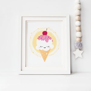 PRINT / ICE CREAM cone yellow with sprinkles + cherry - cute colourful illustrated nursery wall art - kids room - digital ink A5 A4 A3