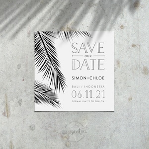 DESSIN AMOUR DE PALMIER | Faites gagner la date - fichier numérique imprimable plage tropicale moderne élégant simple feuille - couleurs personnalisées