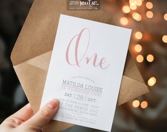 BY325 DIGITAL first Birthday Party Invitation / sweet SIMPLE SCRIPT type one / cute stylish minimalist typography girl invite 1st 2nd 10th