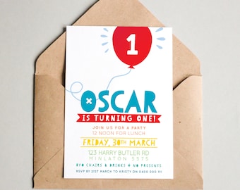 BY350 DIGITAL Birthday Party Invitation - MINIMAL mono simple TYPE - modern cool kids balloon printable invite boy 1st 2nd 3rd 4th 5th