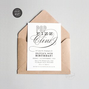 BY406 DIGITAL Birthday Party Invitation - elegant pop fizz clink design invite - modern printable any age 18th 21st 30th 40th 50th 60th