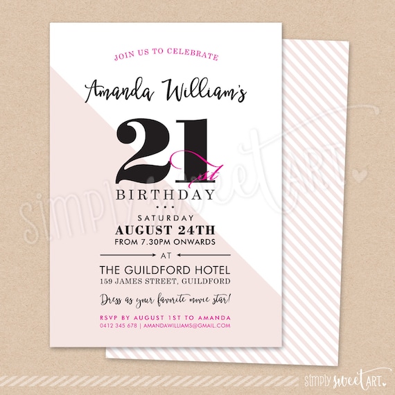 modern minimal diagonal stylish typography invite printable 18th 30th 40th 50th 60th pink BY343 DIGITAL 21st Birthday Party Invitation