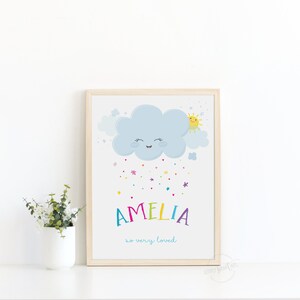 PRINT / CUTE CLOUD nombre personalizado colores del arco iris - arte moderno de la pared para niños - habitación de la niña de la guardería - tarjeta sostenible de tinta digital ecológica A5 A4 A3