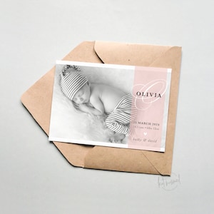BA121 DIGITAL Birth Announcement design - jolie carte photo de bébé fille - modèle moderne | script de superposition transparent rose FICHIER IMPRIMABLE
