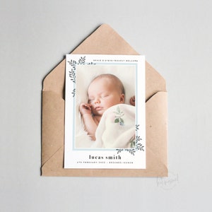 BA119 DIGITAL Birth Announcement design - carte photo éco nouveau bébé garçon - modèle moderne | botanique floral bleu gris vert FICHIER IMPRIMABLE