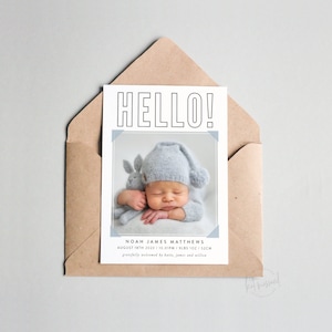 BA114 DIGITAL Birth Announcement design - nouvelle carte photo mignonne pour bébé garçon - style minimal moderne | bonjour les statistiques du cadre de titre FICHIER IMPRIMABLE