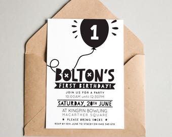 BY350 DIGITAL Birthday Party Invitation - MINIMAL mono simple TYPE - modern cool kids balloon printable invite boy 1st 2nd 3rd 4th 5th