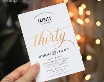 BY344 DIGITAL 30th Birthday Party Invitation - THIRTY modern minimal scripted invite | stylish copper gold or silver foil effect printable