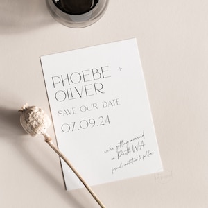 アナウンスメントデザイン | Save the Date Wedding Announcement - 洗練されたカップルのためのトレンドのエレガントなセリフ体で印刷可能なデジタルファイル