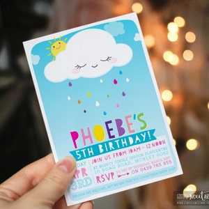 BY318 DIGITAL Birthday Party Invitation CUTE CLOUD with sun & rainbow rain drops - cute stylish fun invite 1st 2nd 5th 6th 7th 8th 9th 10th