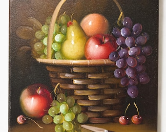 Ölgemälde Stillleben „Früchtekorb“ – Frank Lean – Signiert