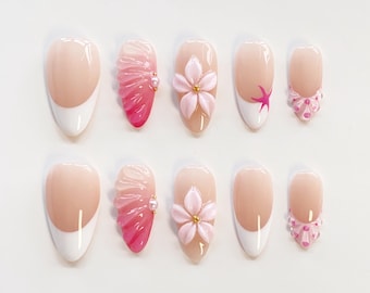 3D Flower Shell Press On Nails/Long Almond Nails/Pink French Tip Nails/Starfish Pearl Nails/Beach Summer Nails/Bridal Nails/Custom Nails