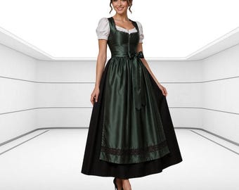 Elegantes Dunkelgrünes Dirndl Kleid aus Seide und Satin - Langes Trachtenkleid im österreichischen Stil für Frauen