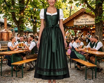 Elegant Dark Green Silk Satin Dirndl Dress – Long Traditional Austrian Style Dress for Women